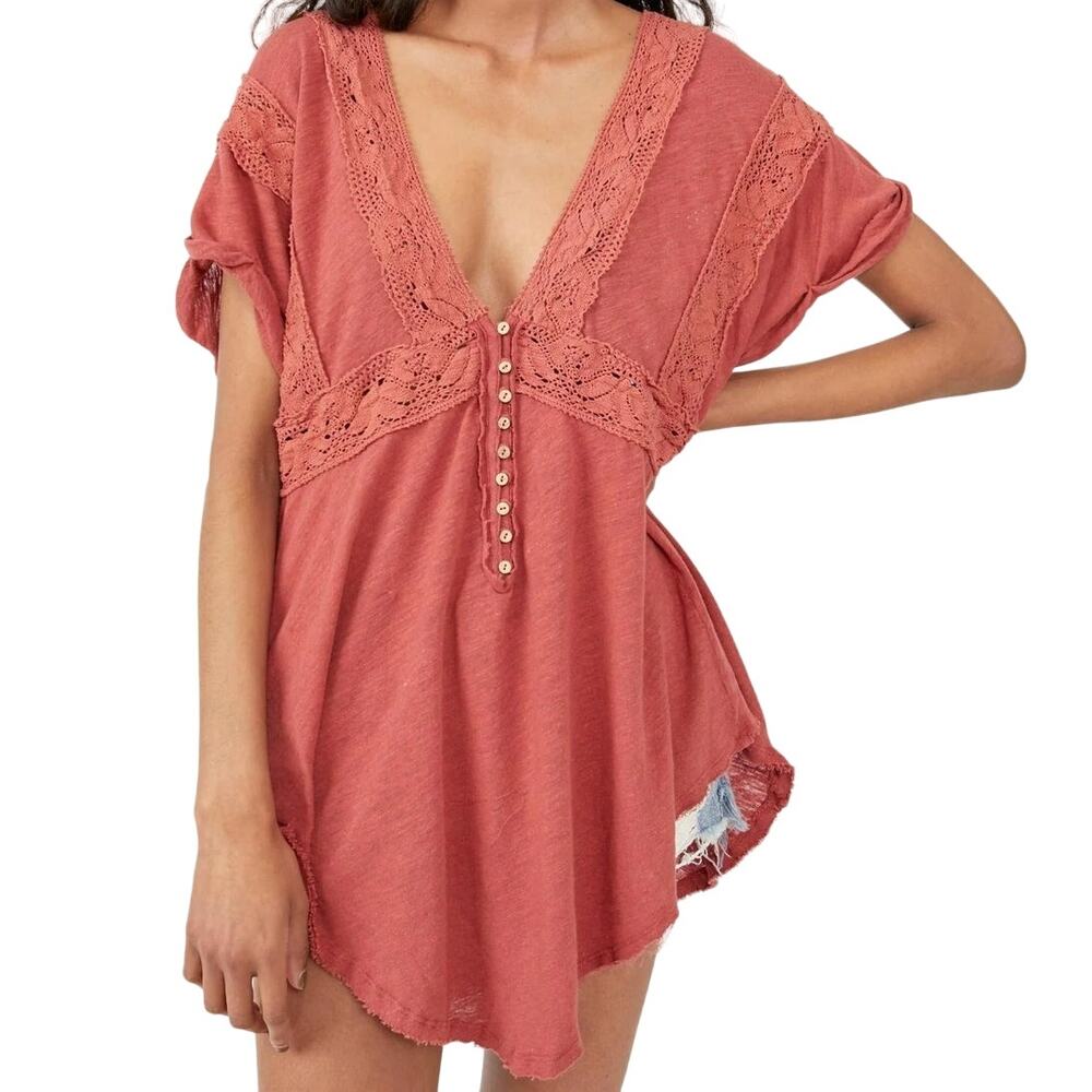 Free People Way Out There Tunic Deep V Lace Trim Asymmetric Linen Warmstone XS